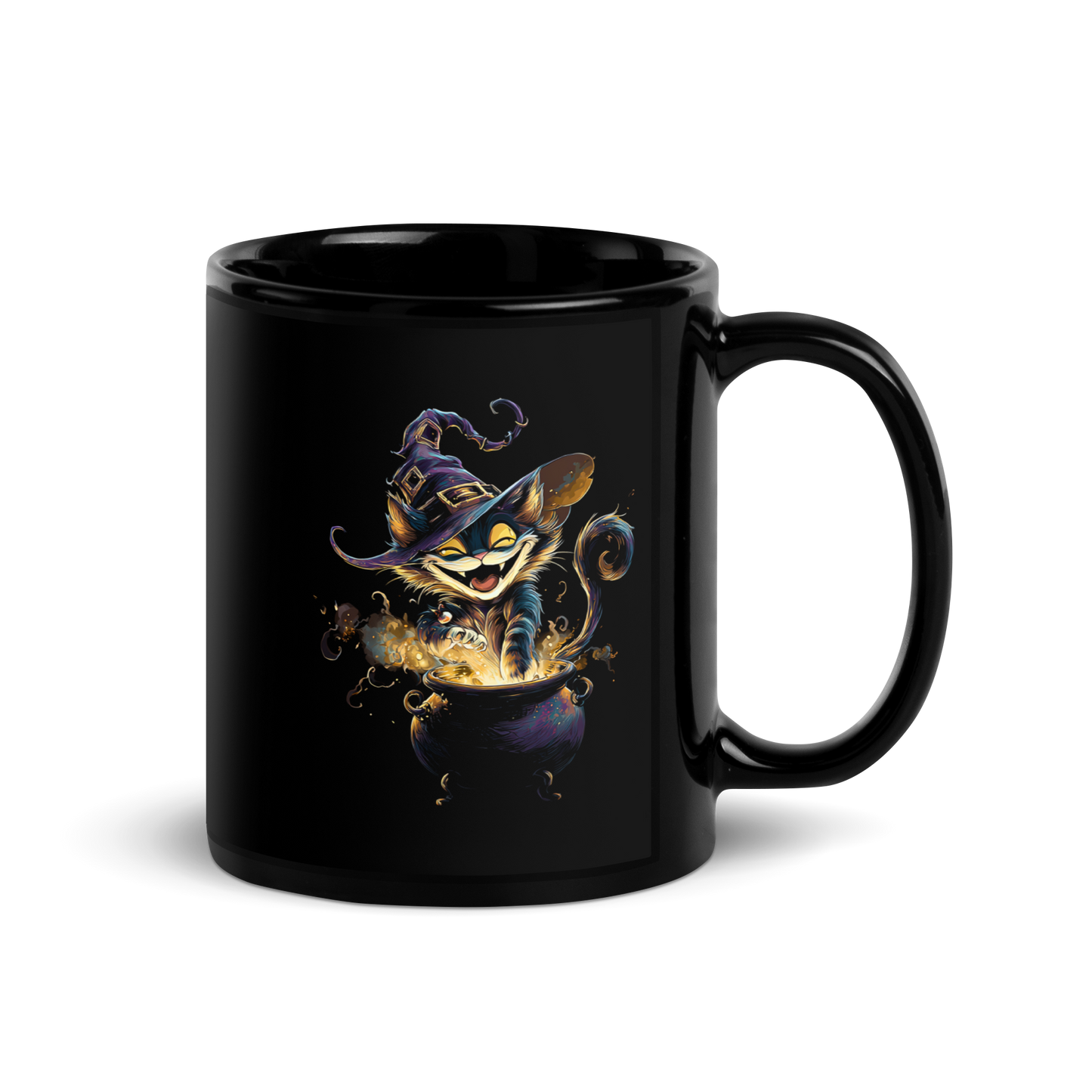 Mockup of the Witchy Cat Mischief Mug in a lifestyle setting, surrounded by plants and books