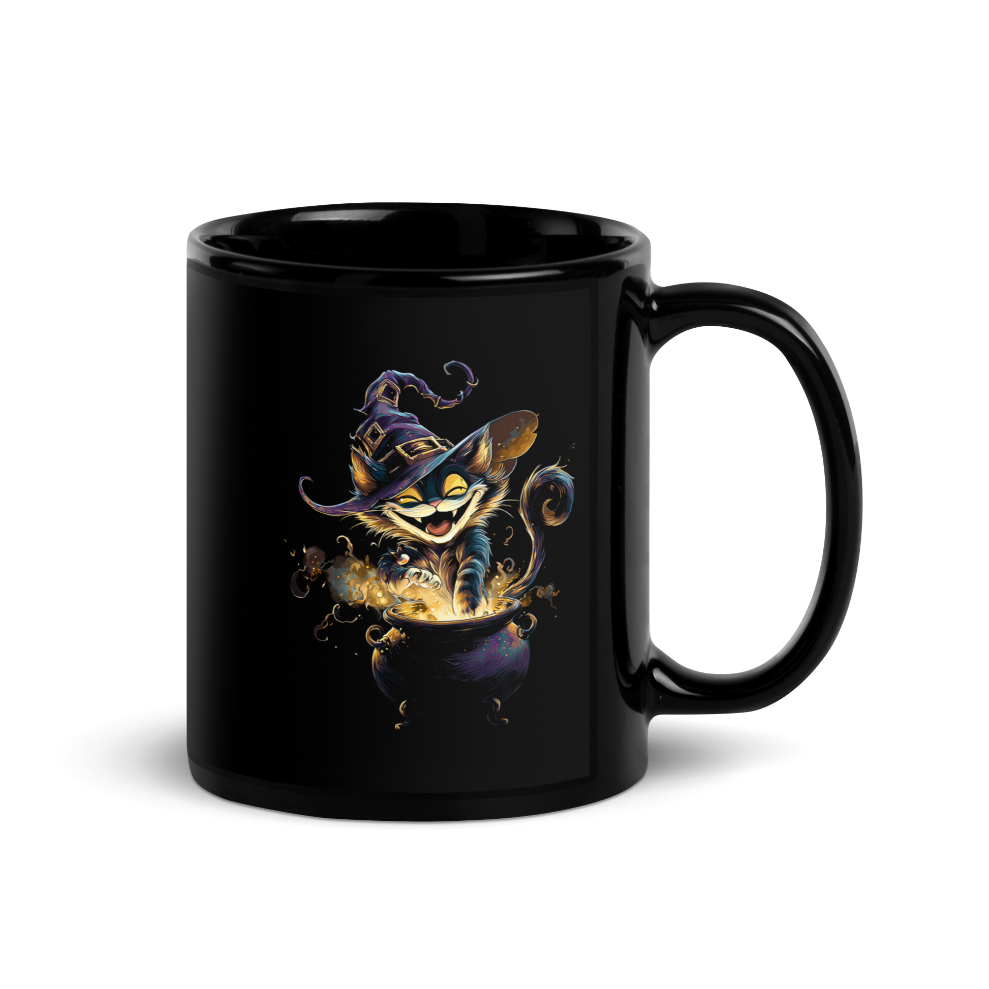 Mockup of the Witchy Cat Mischief Mug in a lifestyle setting, surrounded by plants and books