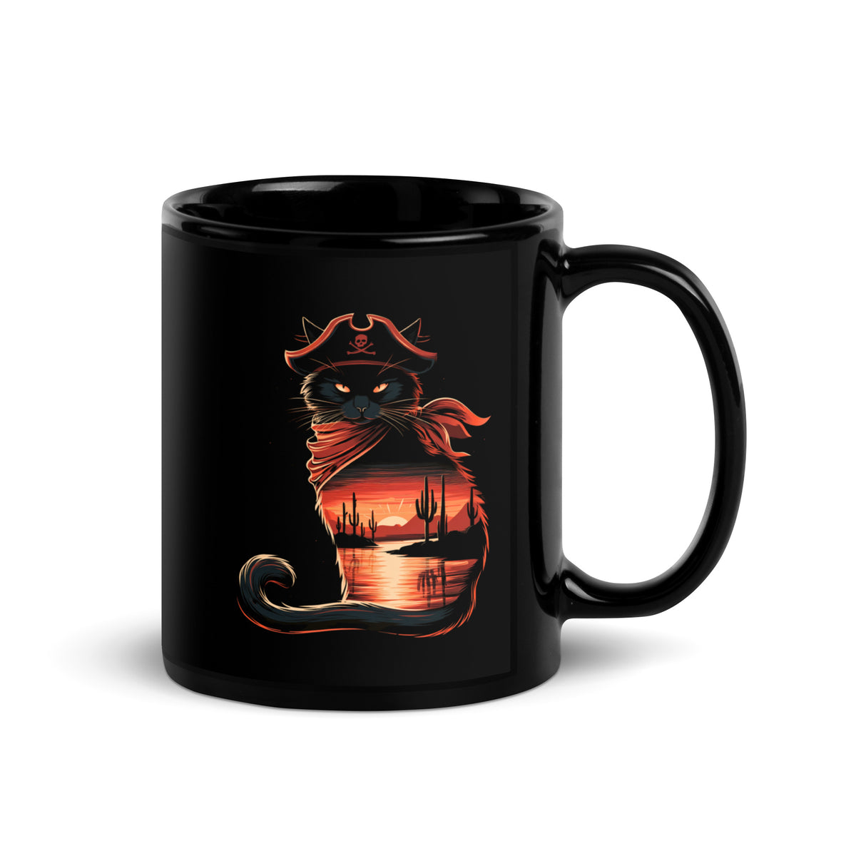 Black mug featuring a pirate cat with a sunset and cacti design