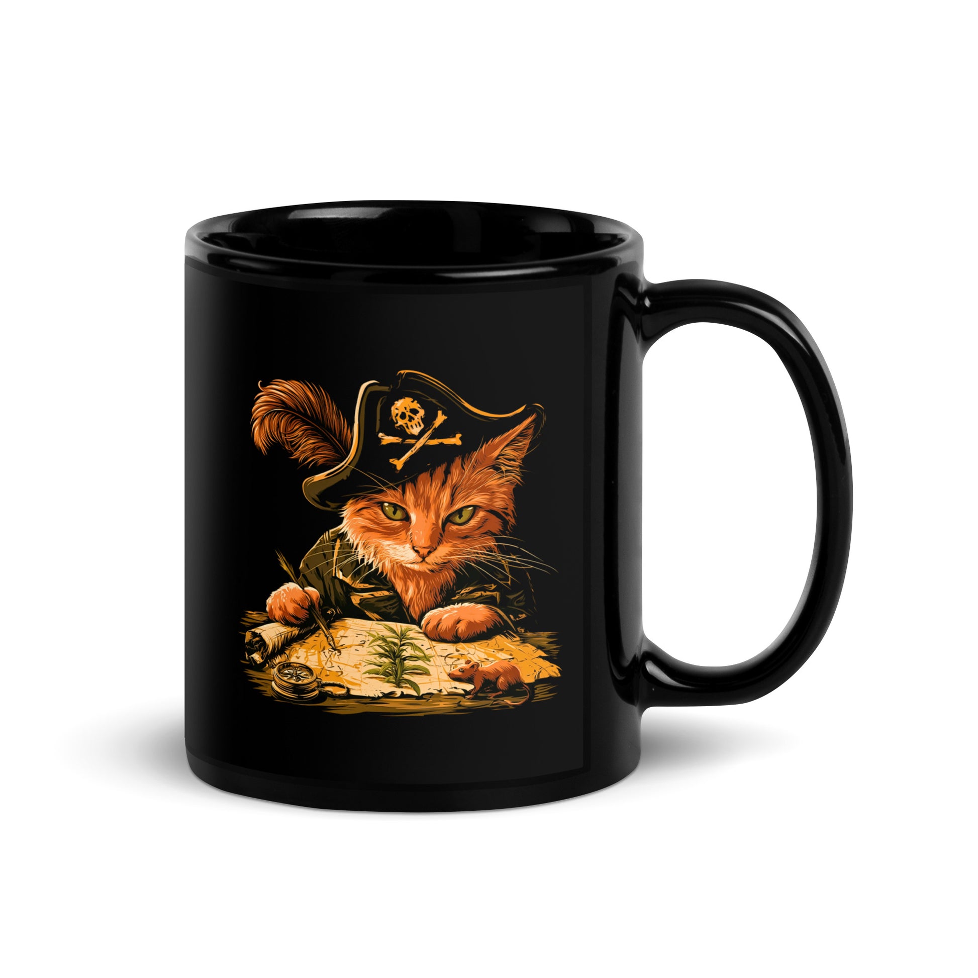 Black mug featuring a pirate cat studying a treasure map