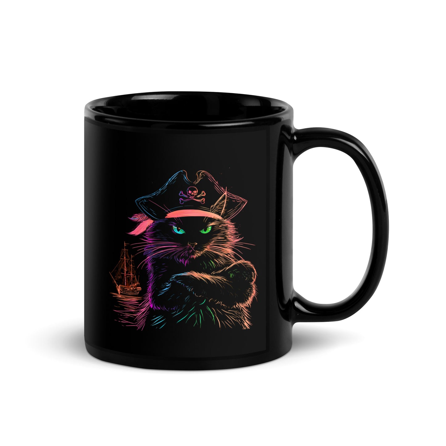Black mug displaying a pirate cat with crossed arms and a ship behind