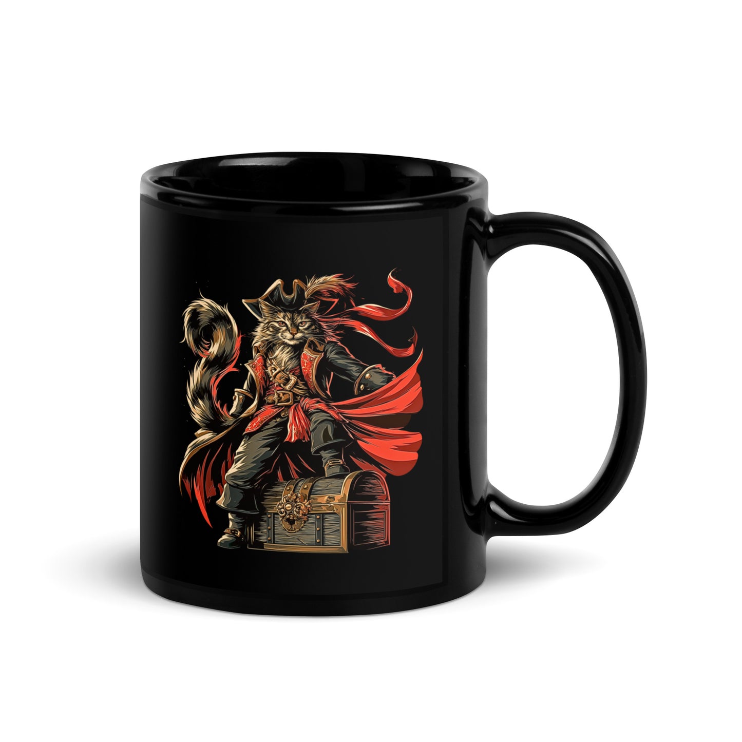 Black mug showcasing a pirate cat standing on a treasure chest