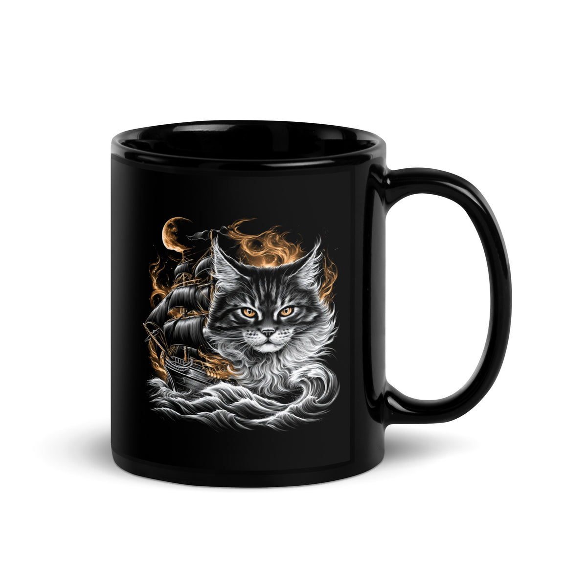 Black mug featuring a cat with a ship and flames design