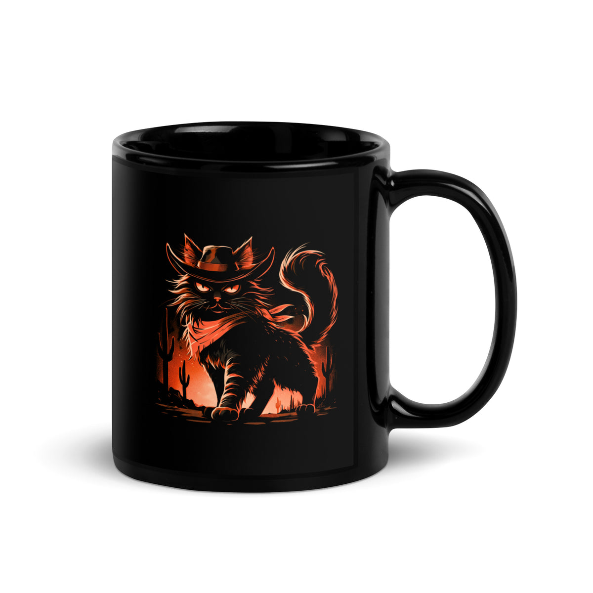 Black mug featuring a cat in a cowboy hat and bandana against a desert backdrop