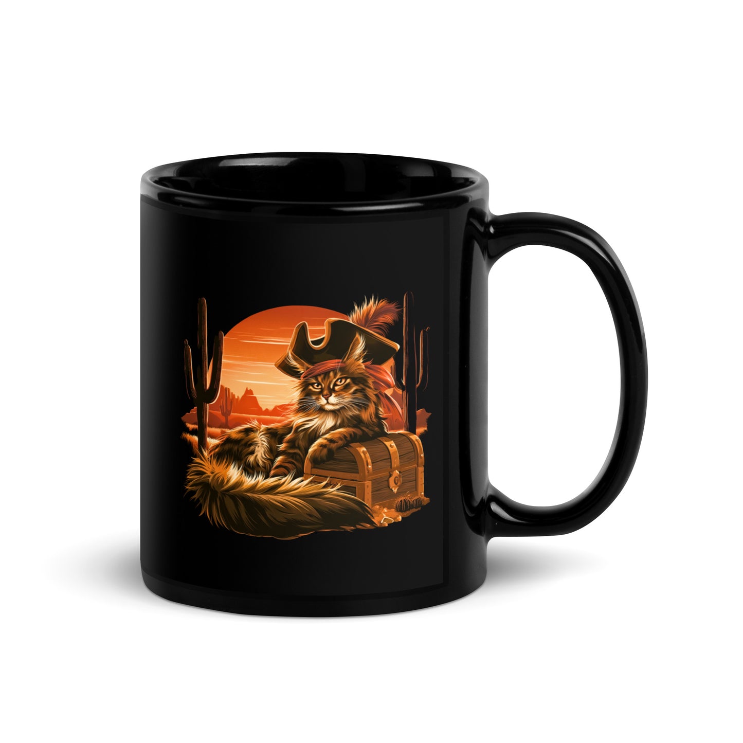 Close-up of a black mug with a cat in a pirate hat and treasure chest against a sunset desert scene