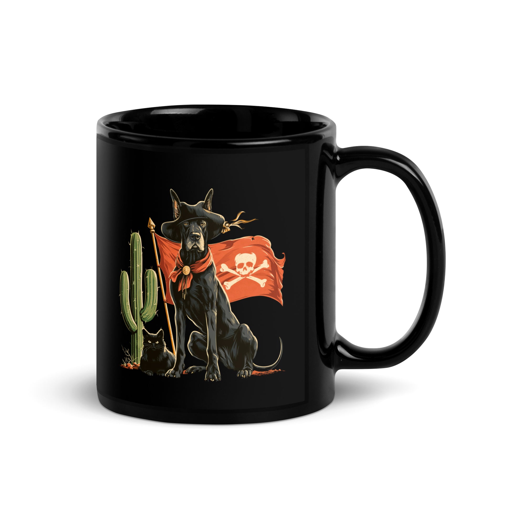 Black mug showcasing a pirate dog, cactus, and a black cat design