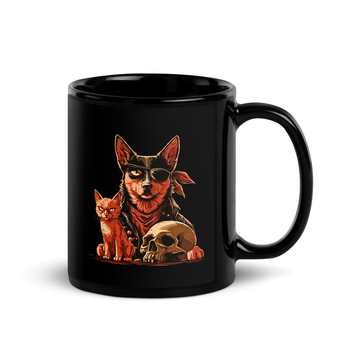 Black mug showcasing a pirate dog and cat beside a skull