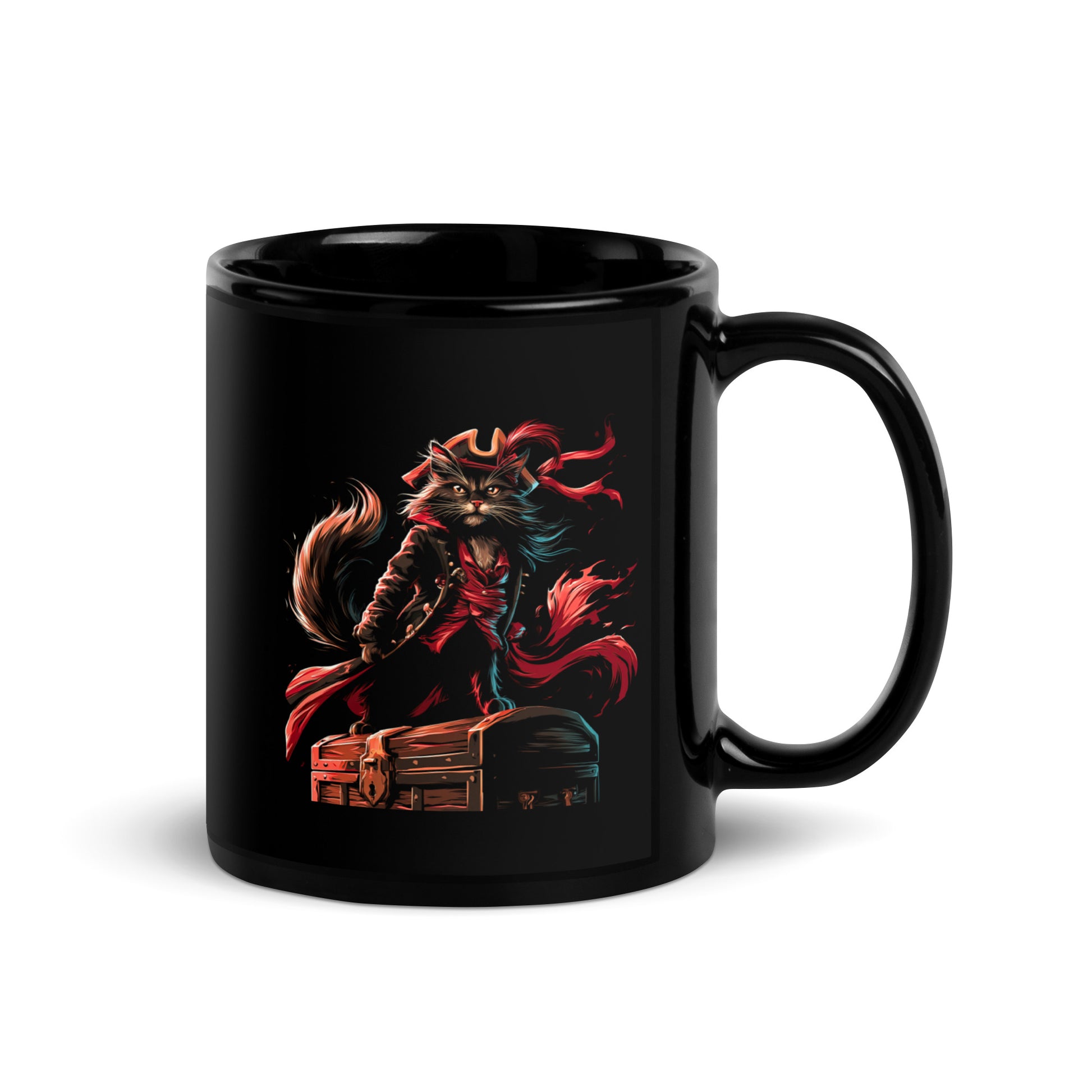 Black mug featuring a pirate cat design with a treasure chest