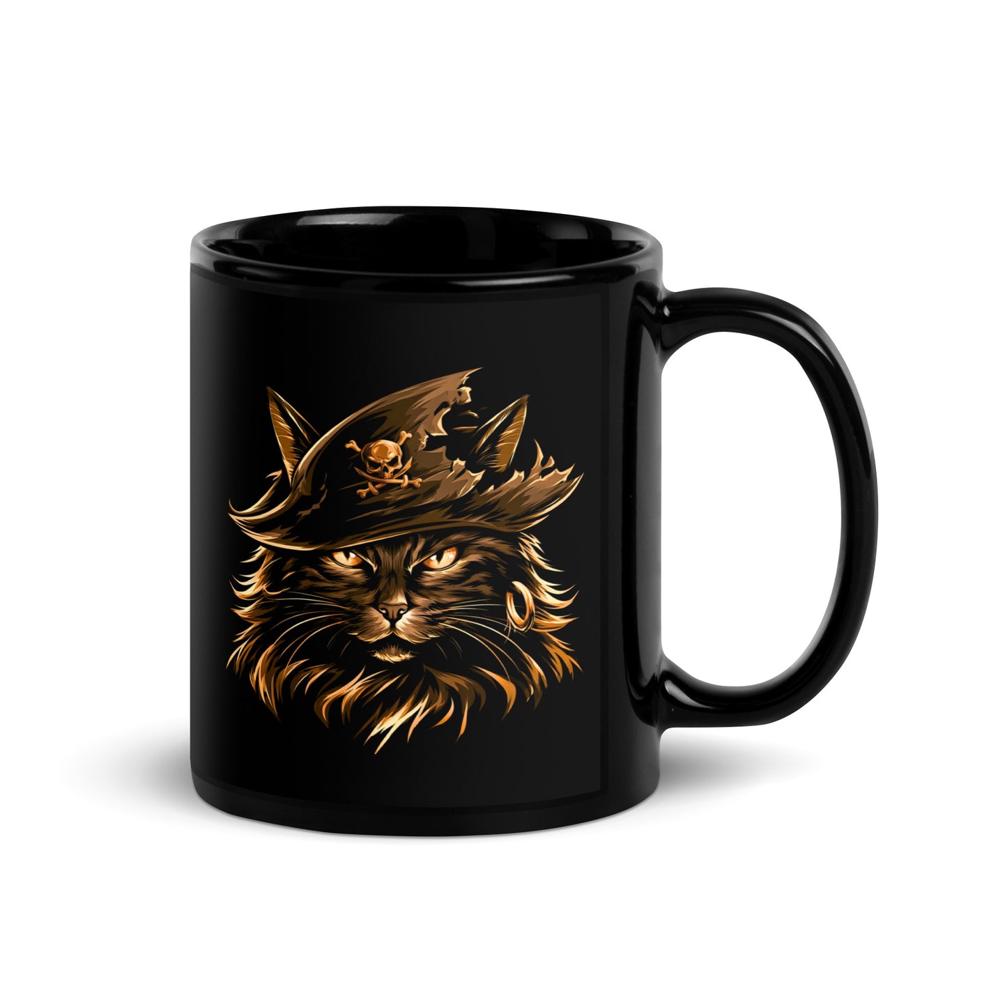Black mug featuring a pirate cat design with a hat and earring