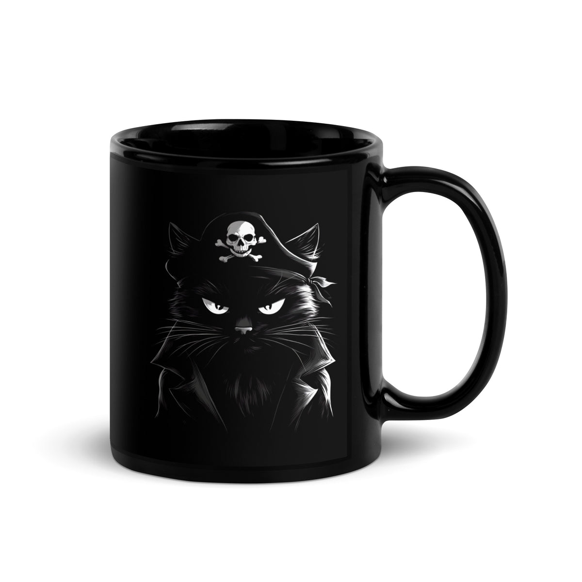 Black mug showcasing a pirate cat graphic with a skull on its hat