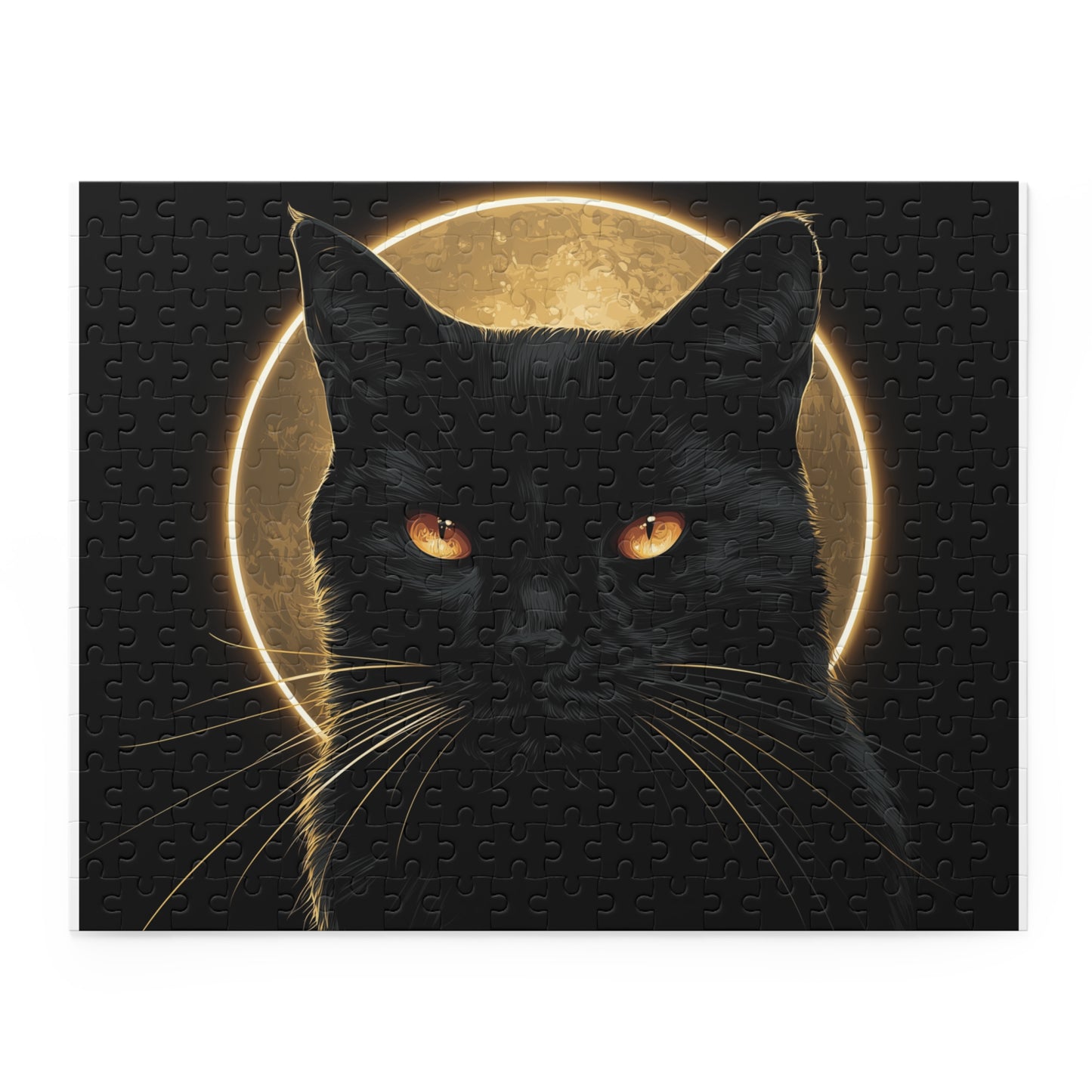 Black cat moon jigsaw puzzle with golden-eyed black cat and glowing full moon