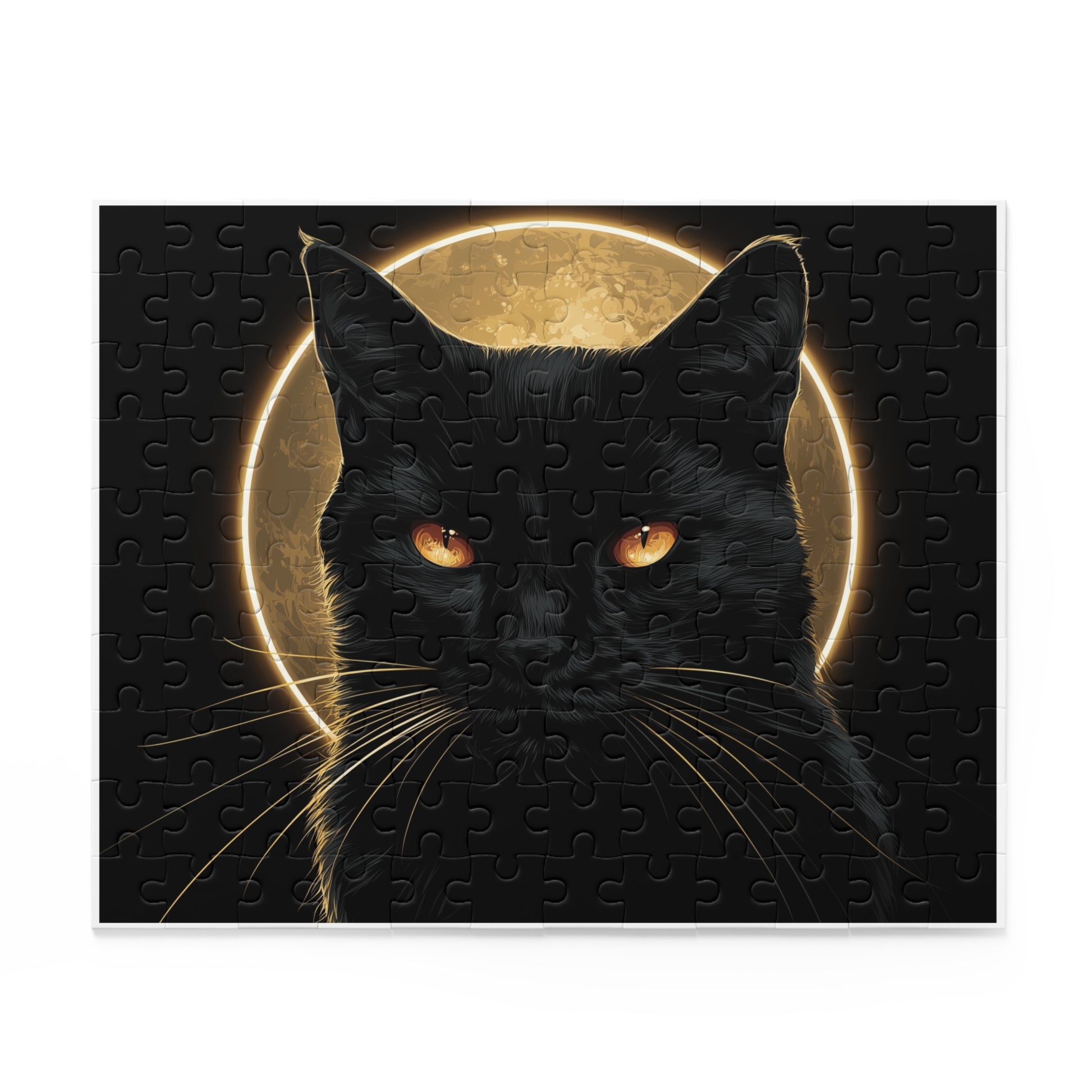 Black cat moon jigsaw puzzle with golden-eyed black cat and glowing full moon