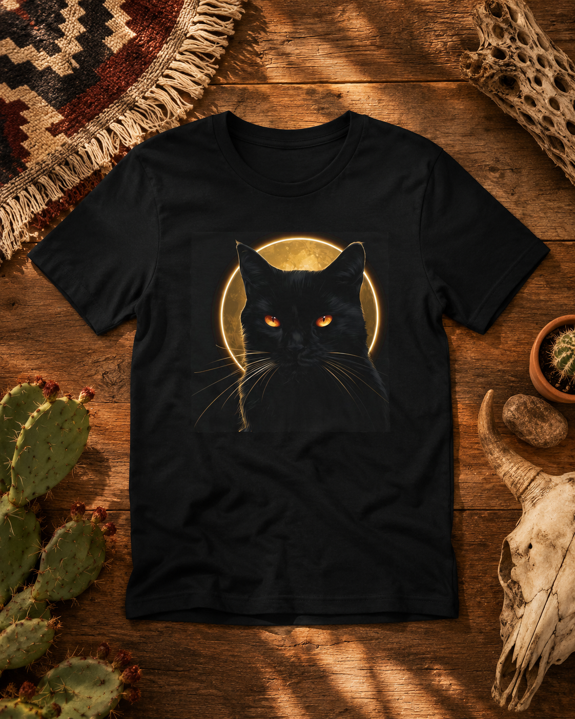 Gothic black cat shirt with golden full moon artwork