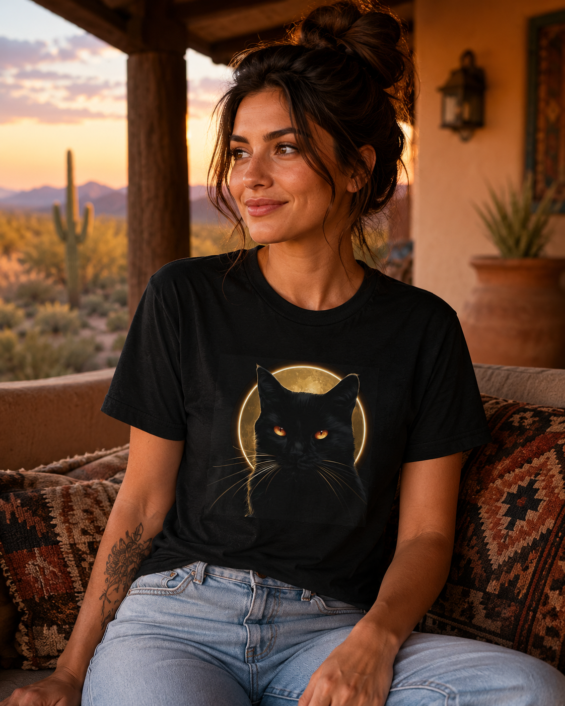 Black cat lover graphic tee with celestial full moon design
