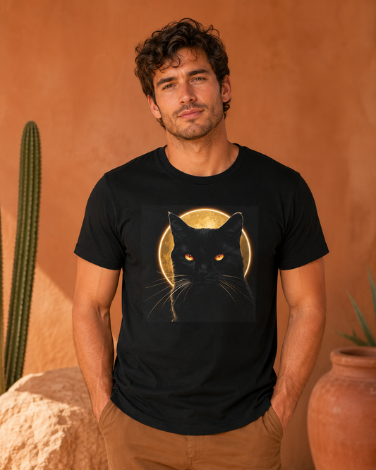 Feral black cat full moon graphic tee with glowing amber eyes on black shirt