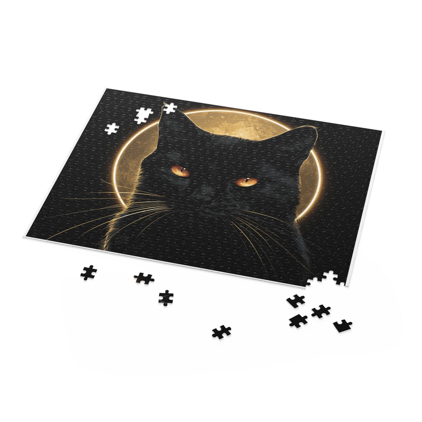 Spooky black cat jigsaw puzzle in progress with glowing full moon design 500 puzzle