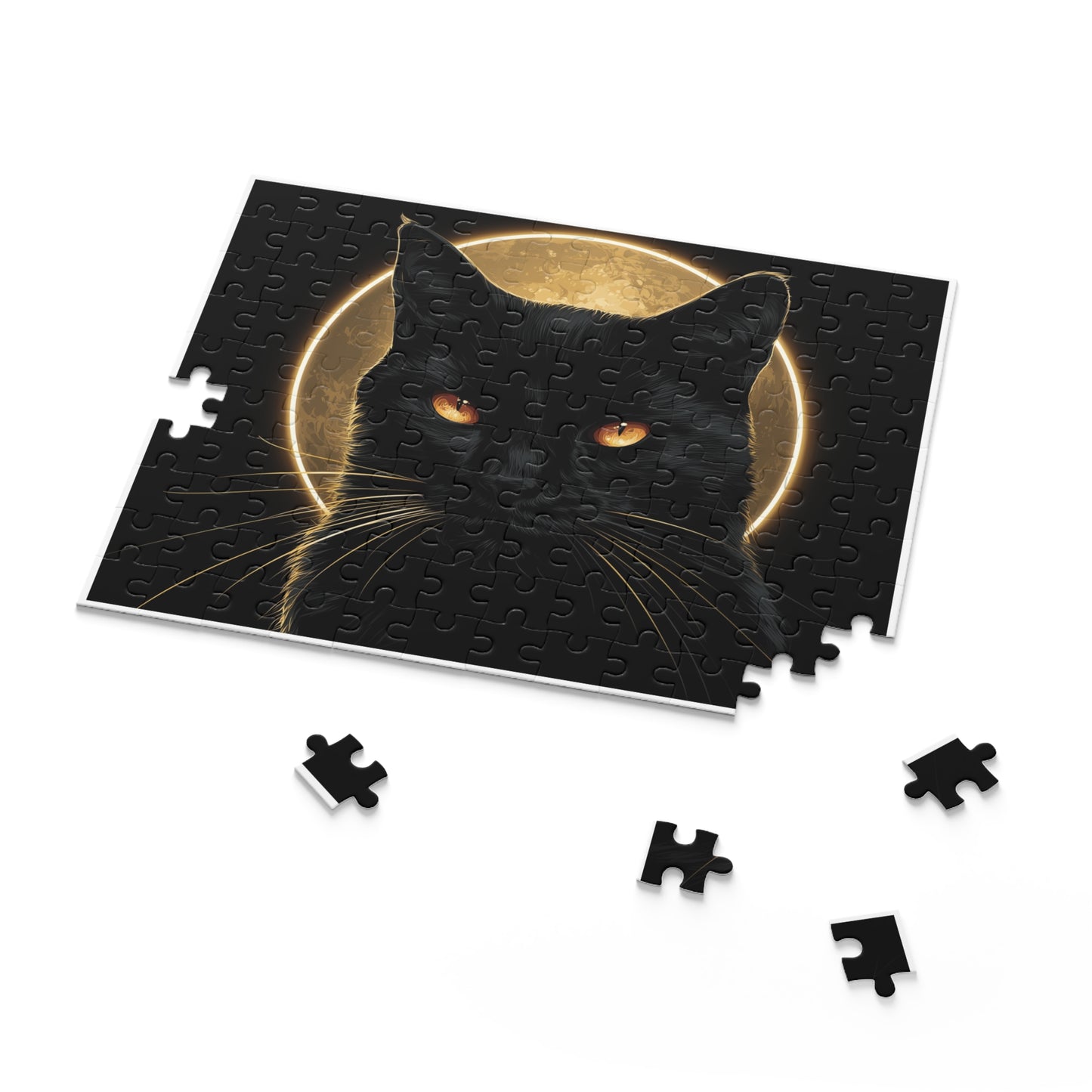 Glossy black cat moon jigsaw puzzle with full moon artwork