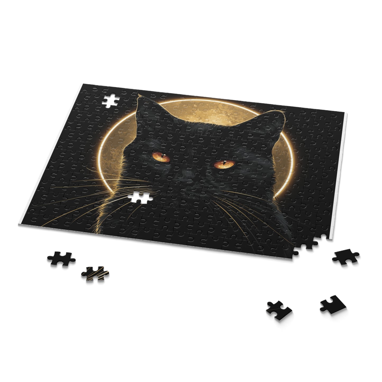 Glossy black cat moon jigsaw puzzle with full moon artwork 