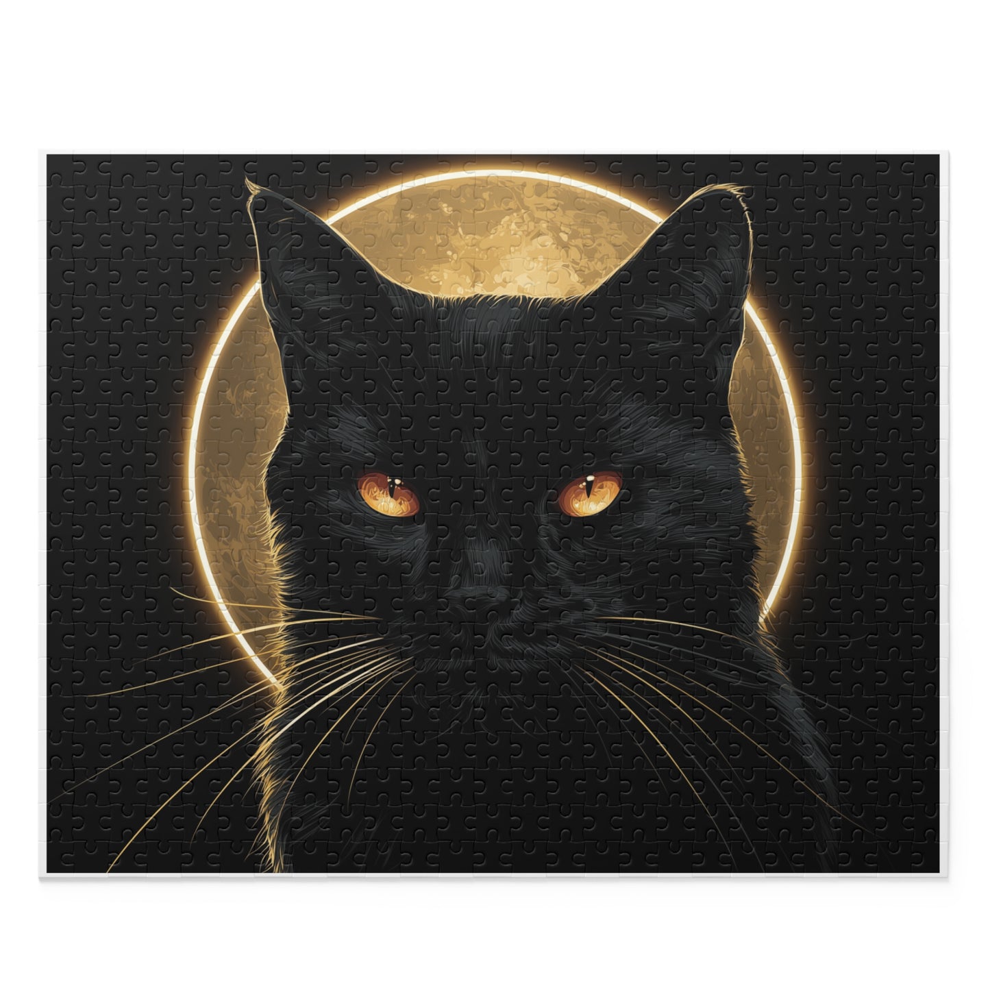 Black cat moon jigsaw puzzle with golden-eyed black cat and glowing full moon