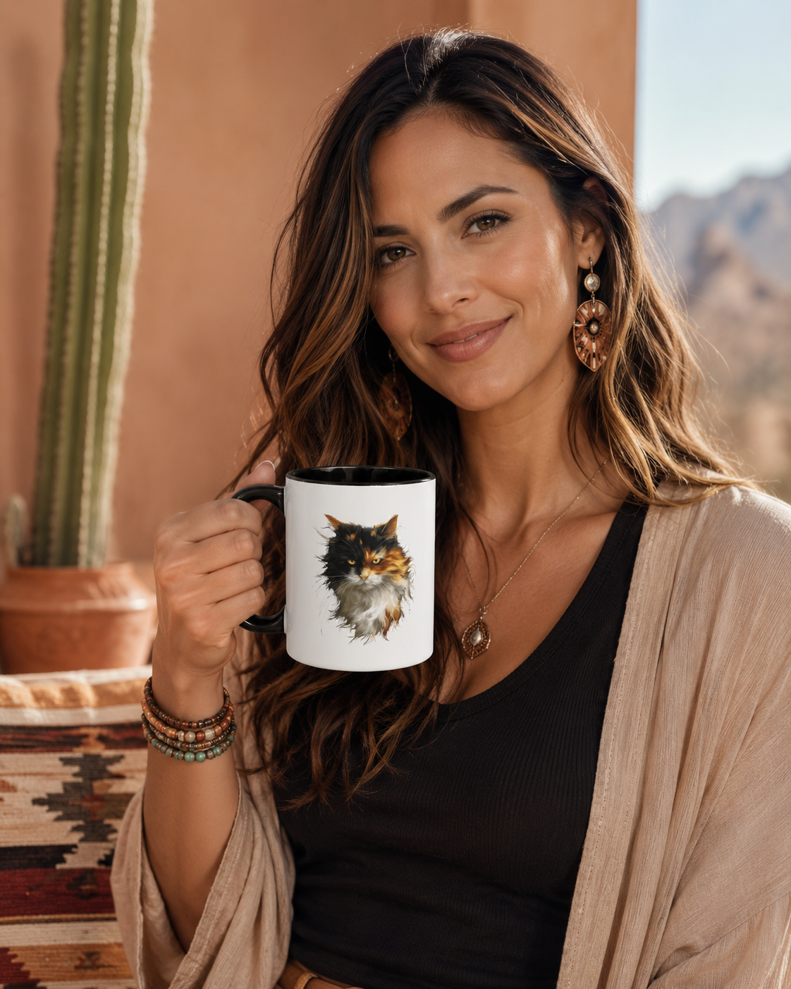 Woman holding a white ceramic mug with black handle and black interior featuring a long-haired calico cat portrait in amber, black, cream, and white tones.