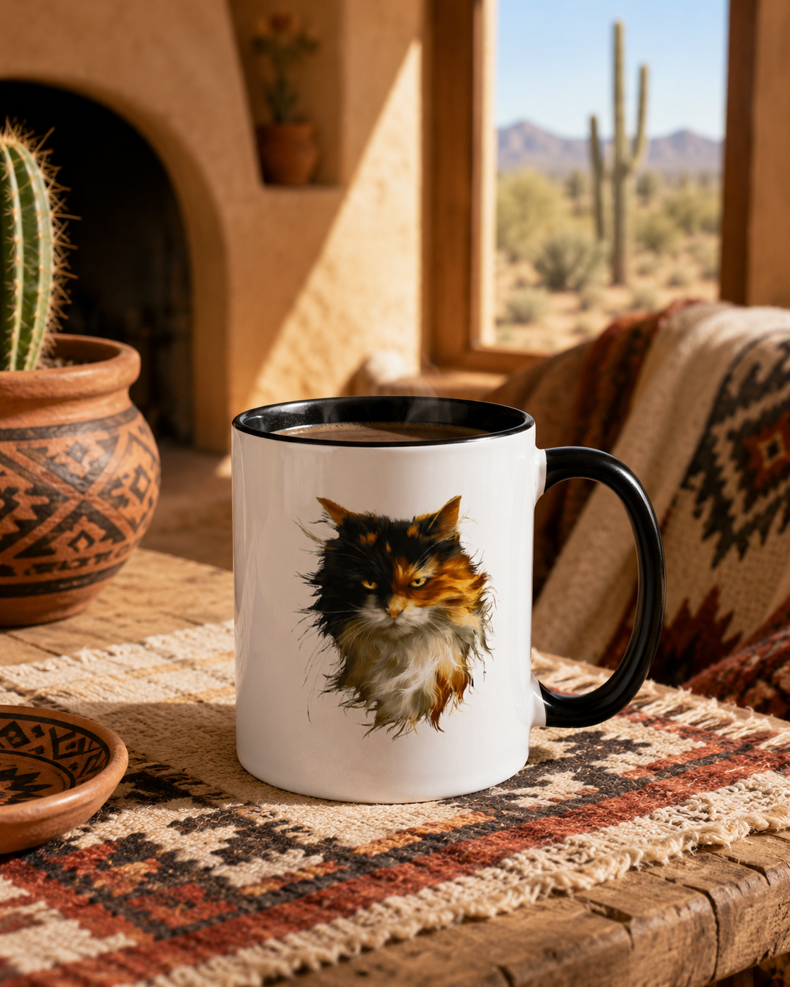 White ceramic mug with black handle and black interior featuring a long-haired calico cat portrait in amber, black, cream, and white tones on a wooden table in a desert-themed room.