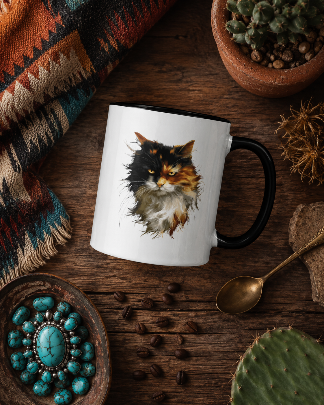 Close-up of fluffy calico cat portrait artwork on a ceramic coffee mug with black interior.