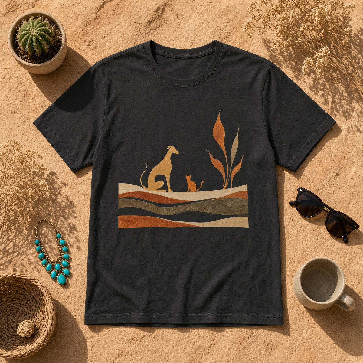 Black t-shirt featuring a dog and cat silhouette design on a sandy background with accessories.