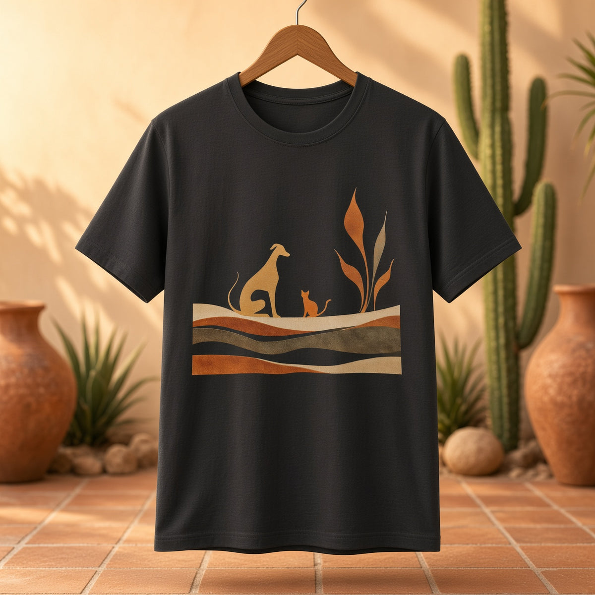 Black t-shirt with dog and cat silhouette design hanging against a warm background.