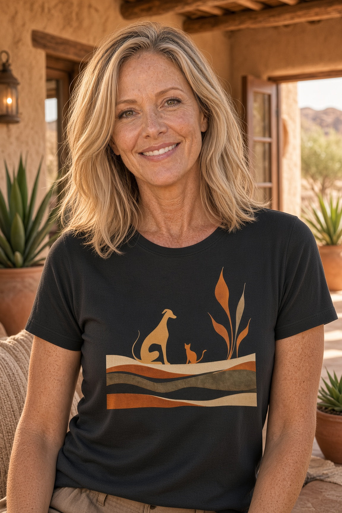 Woman wearing a black t-shirt with a dog and cat silhouette, sitting in a cozy setting.