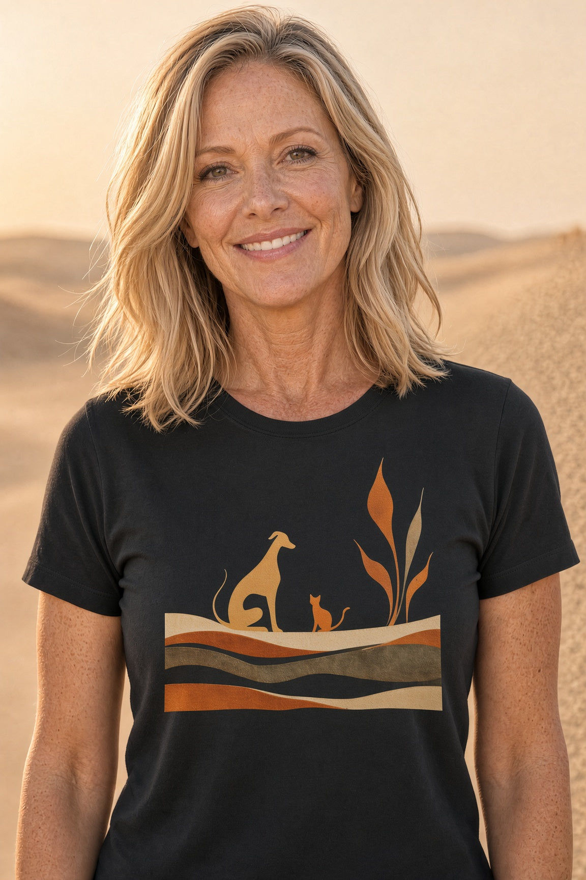 Woman smiling while wearing a black t-shirt with dog and cat silhouette design.