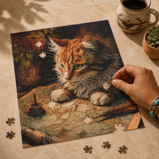 Ginger cat map jigsaw puzzle featuring a long-haired orange tabby resting over vintage cartography artwork with warm painterly detail