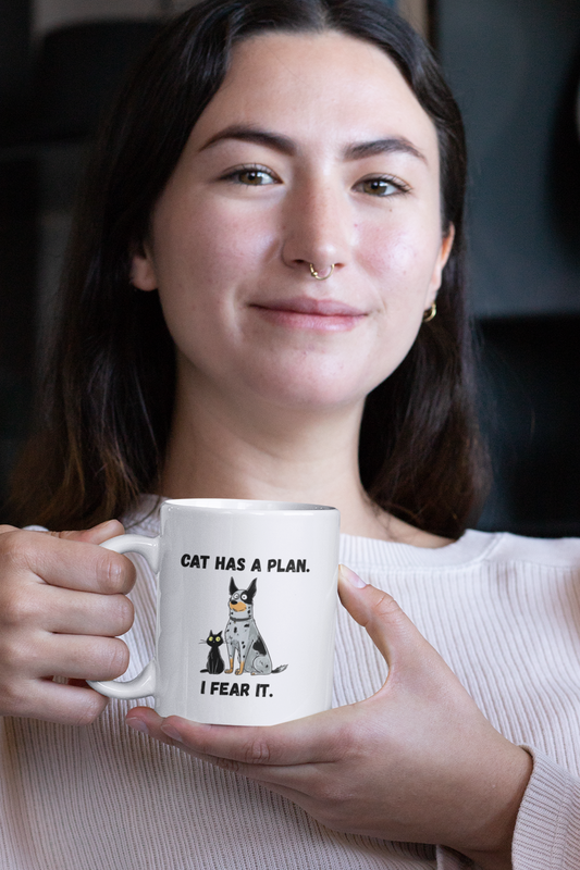 Cat Has a Plan, I Fear It” Mug — Funny Dog & Cat Coffee Cup, 11oz Pet Lover Gift