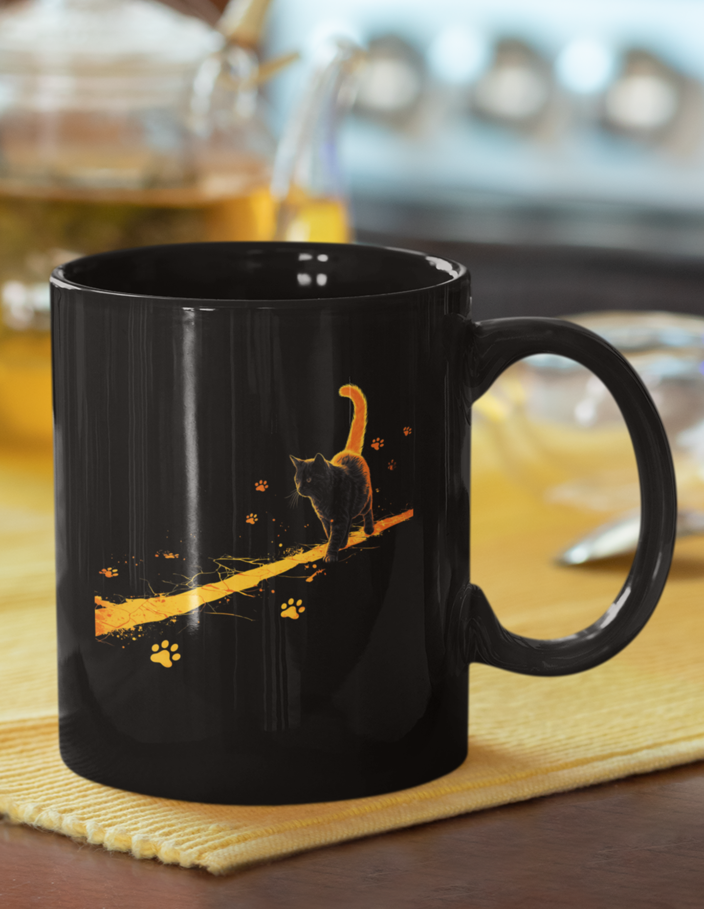 Chaos at Night Cat Mug | Black Cat with Glowing Orange Streak and Paw Prints