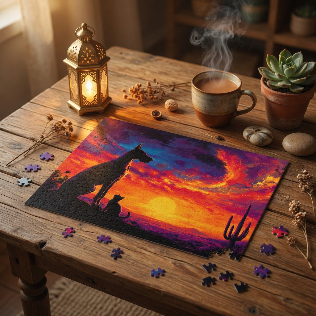 Desert Sunset Dog & Cat Jigsaw Puzzle | Saguaro Pet Lover Gift