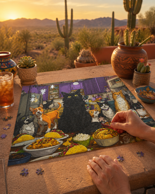 Cat and dog taco night kitchen chaos jigsaw puzzle with curious cats, one involved dog, overflowing tacos, purple cabinets, and scattered puzzle pieces and person finishing it.
