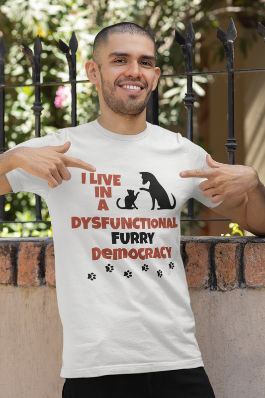 White minimalist dog and cat silhouette graphic tee with paw print accents