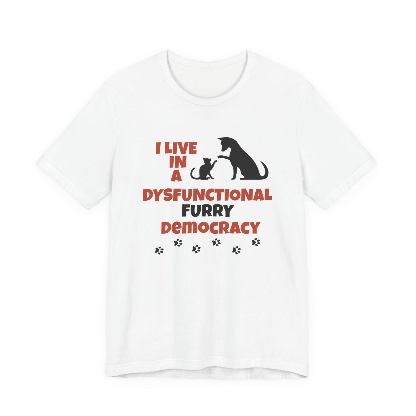 White t-shirt with red and black text and graphics on a white background, minimalist dog and cat silhouette graphic tee with paw print accents
