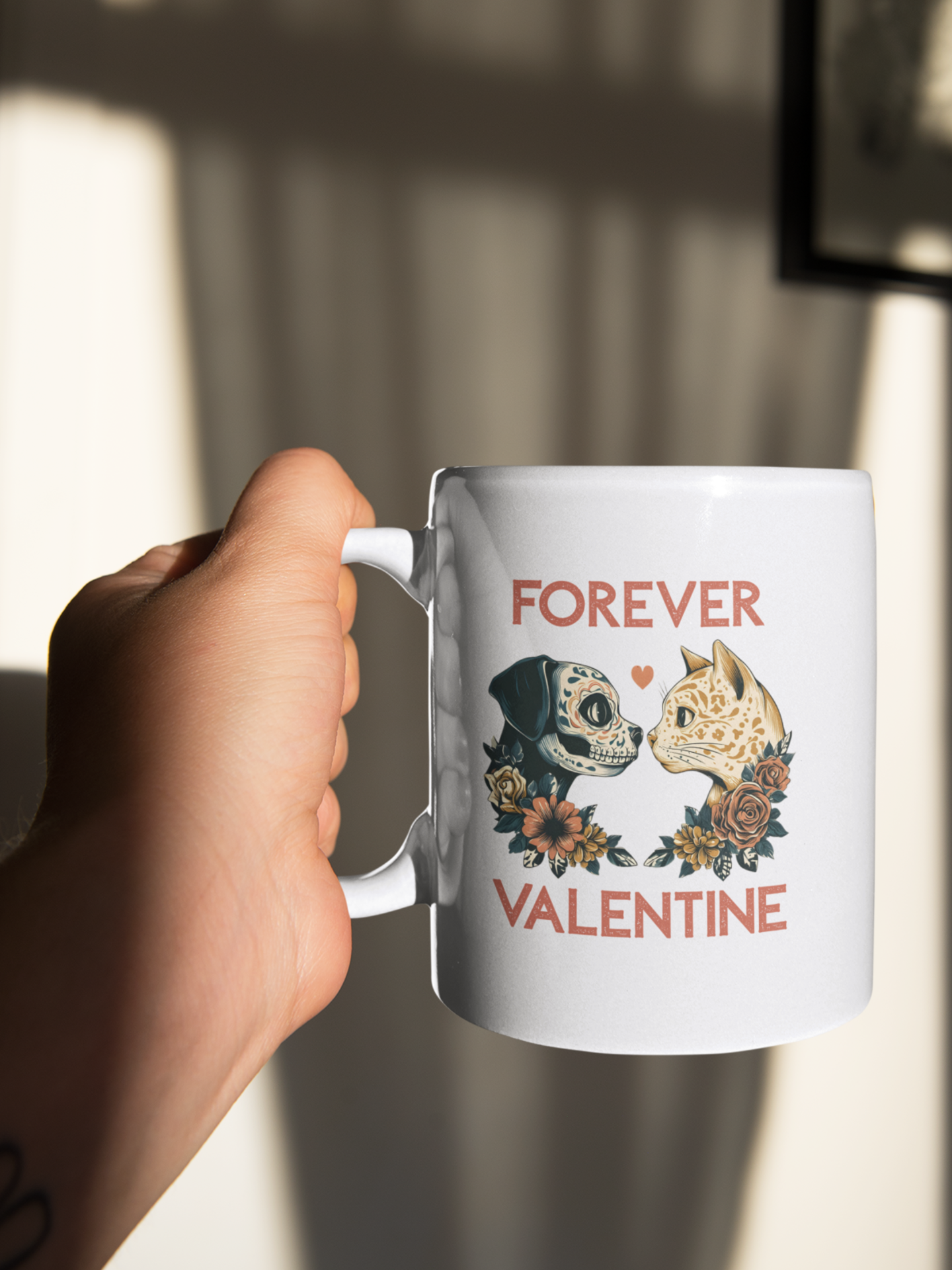Forever Valentine Mug, Dog Skull and Cat Romantic 11oz