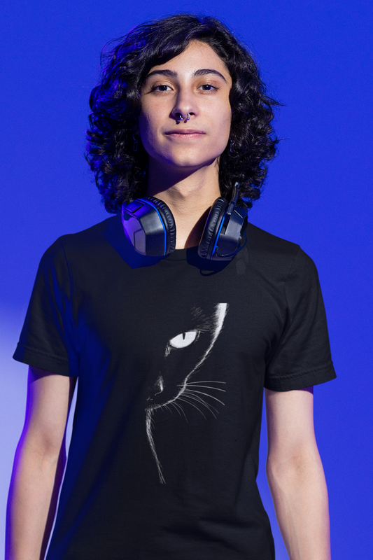 Half Black Cat Face T-Shirt — Minimalist Cat Lover Graphic Tee