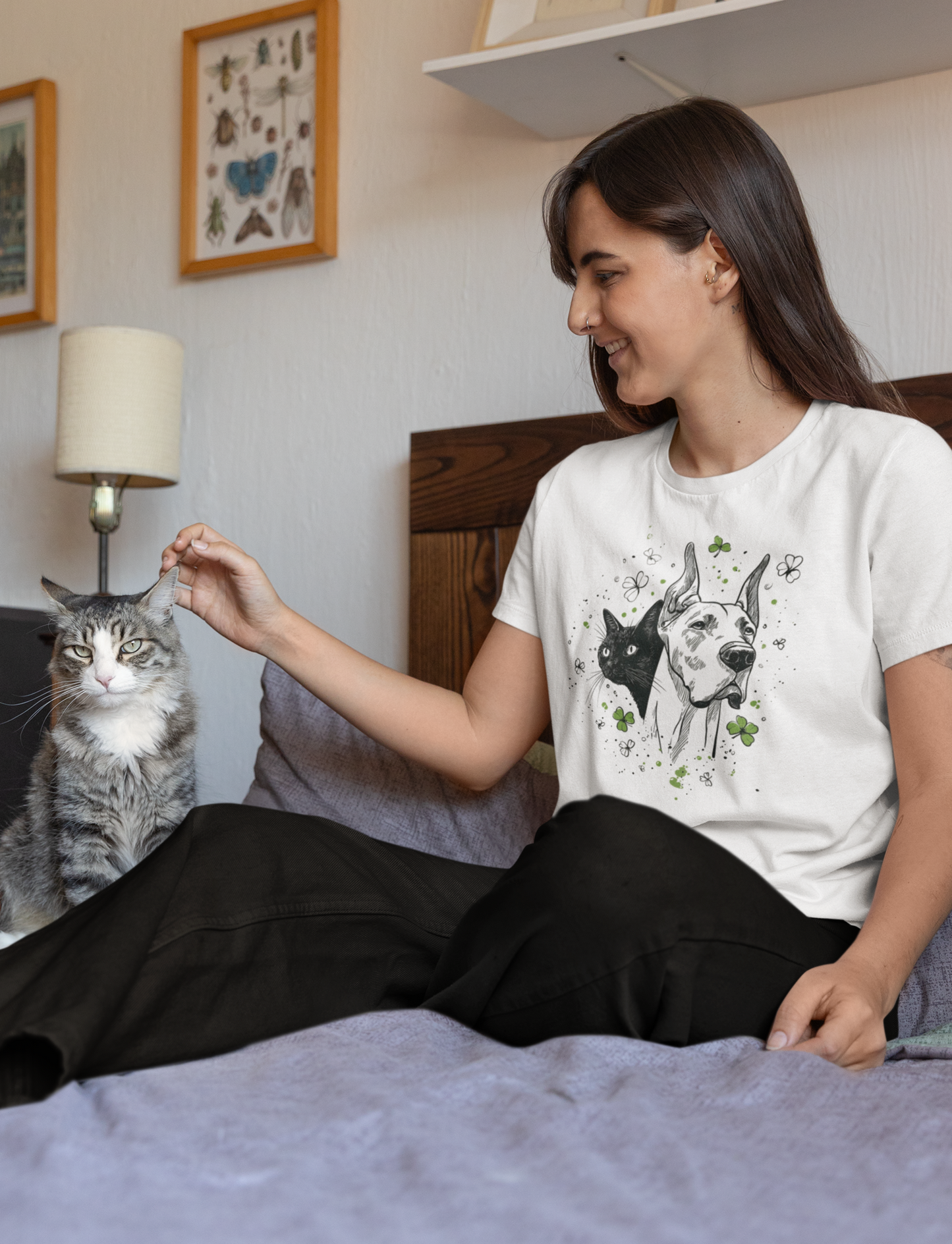 Great Dane and Black Cat Shamrock T-Shirt - St. Patrick's Day Irish Tee | Pet Lover Gift