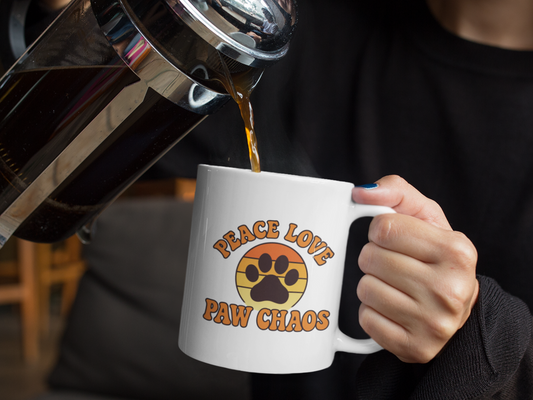 Peace Love Paw Chaos Mug – Retro Paw Print Dog/Cat Lover Coffee Cup (11oz)