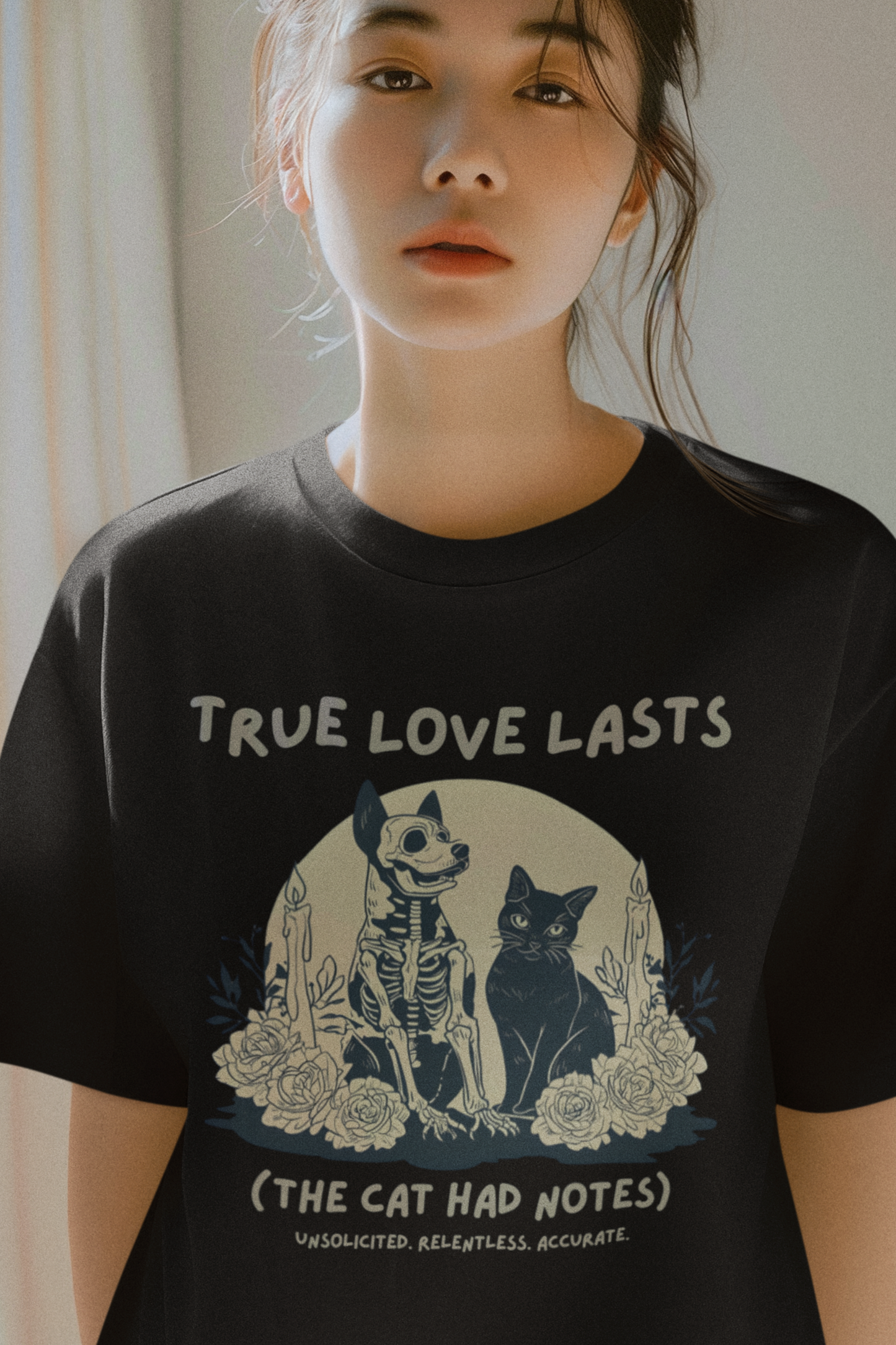 True Love Lasts T-Shirt — Dark Romance Skeleton & Cat Graphic Tee