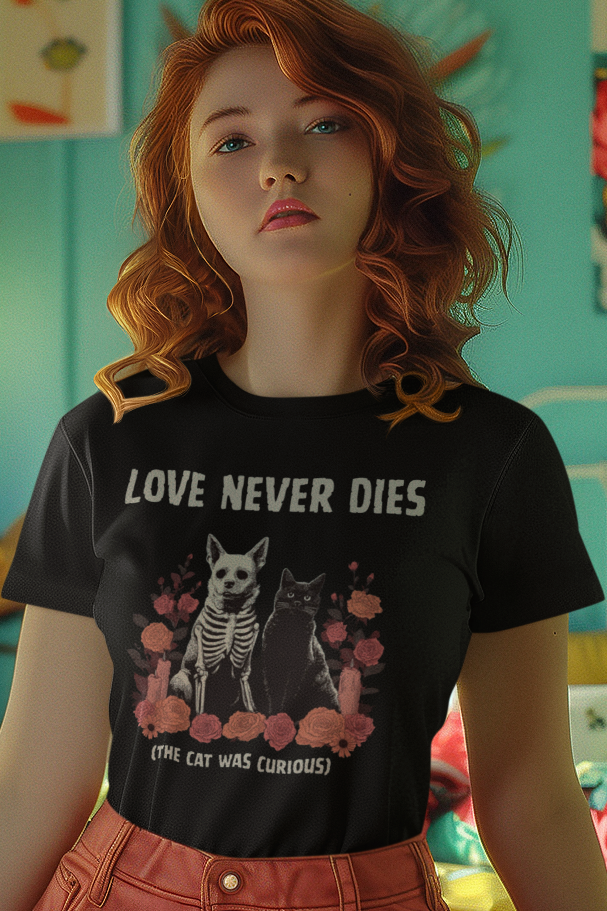 Person wearing a black t-shirt with skeleton dog, black cat, red flowers, and text reading Love Never Dies The Cat Was Curious