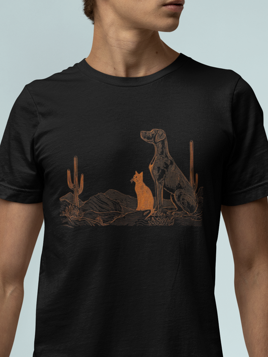 Desert Companions Tee - Dog & Orange Cat Sunset Graphic T‑Shirt