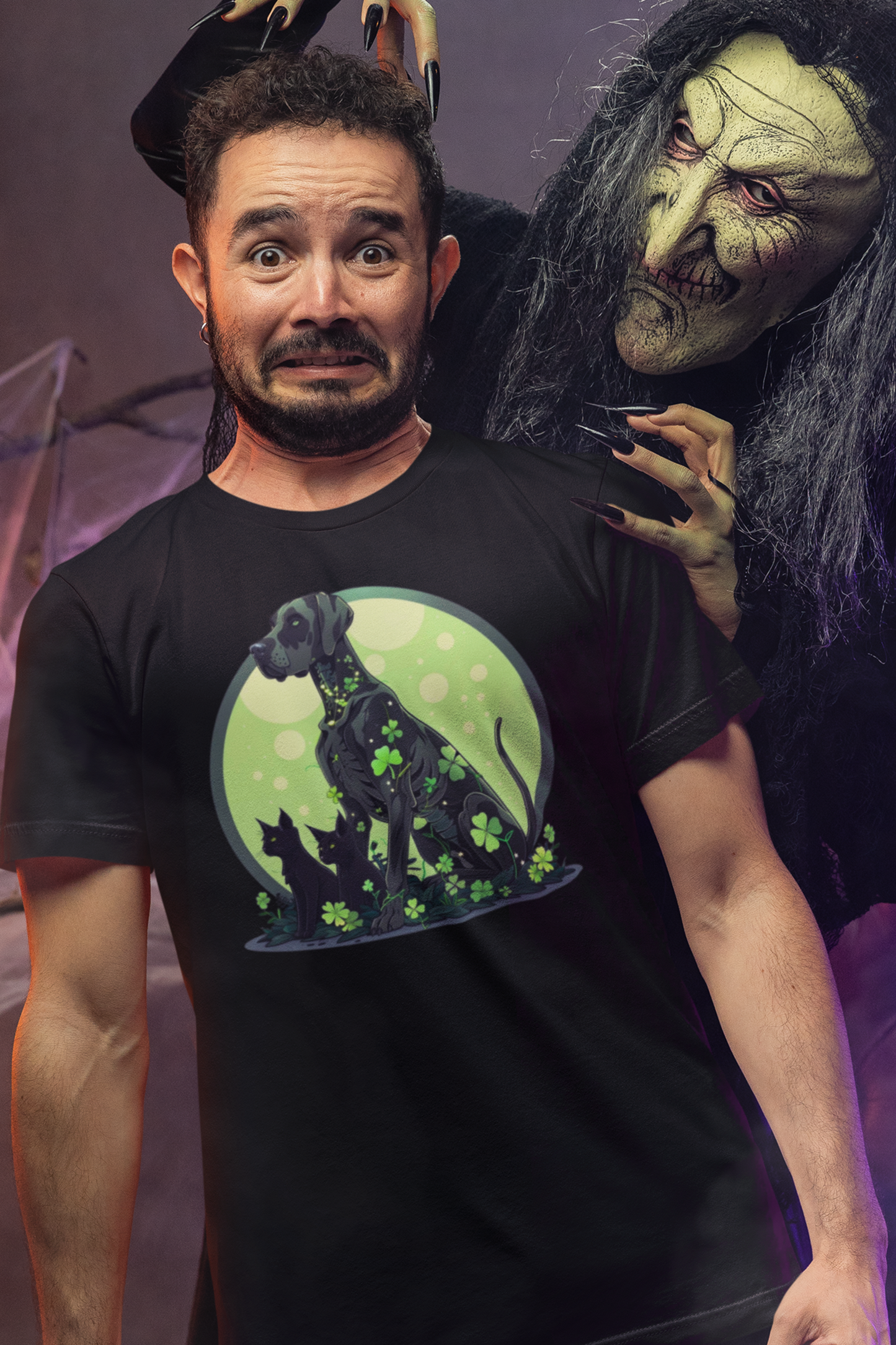 Great Dane Skull and Shamrock Moon T-Shirt - Two Black Cats St. Patrick's Day Shirt | Goth Irish Lucky Dog Gift