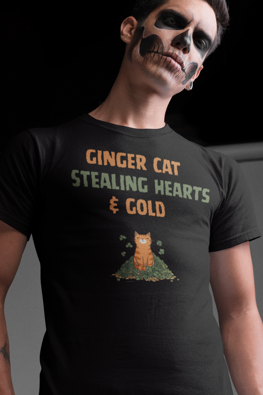 Ginger Cat Stealing Hearts and Gold - Funny St. Patrick's Day Orange Tabby Shamrock Tee
