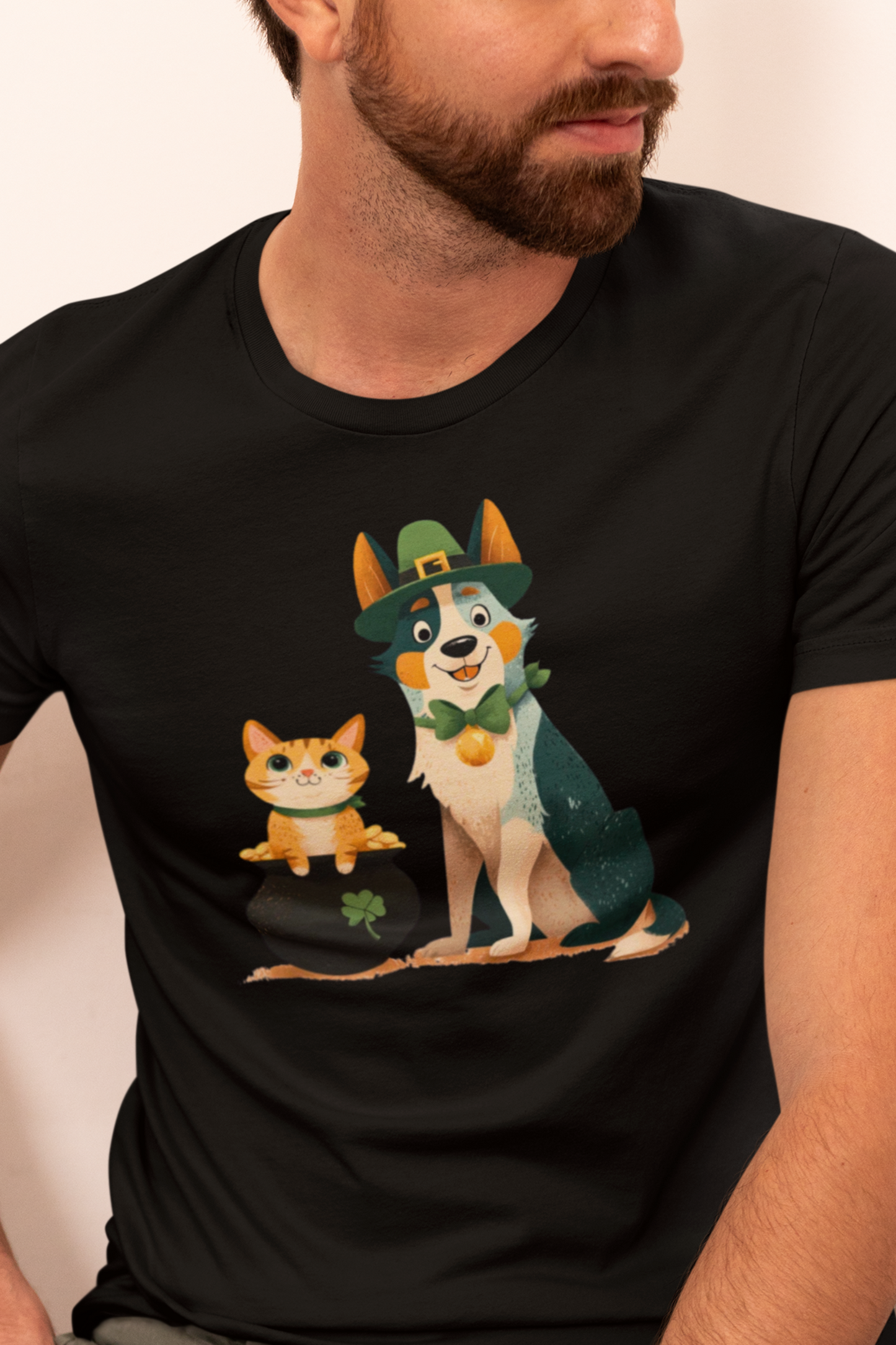 Blue heeler in leprechaun hat with ginger cat in pot of gold St Patrick’s Day t-shirt design - Black t-shirt
