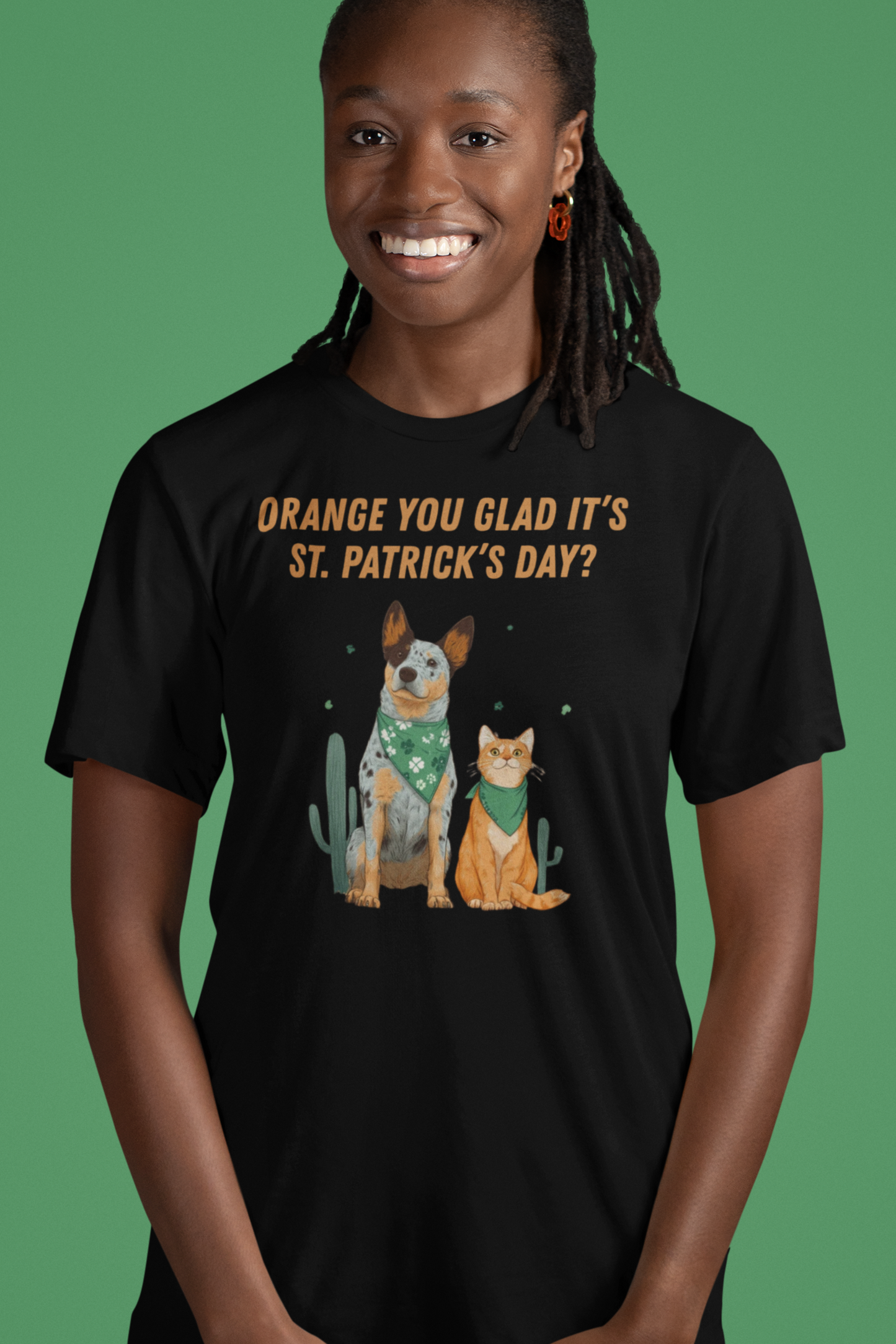 Orange You Glad It's St. Patrick's Day T-Shirt - Blue Heeler and Orange Cat Shamrock Tee | Funny St. Patty's Pet Duo Shirt