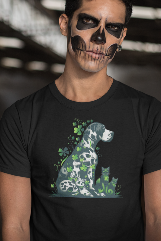 Great Dane Skeleton and Shamrock T-Shirt, Two Black Cats St. Patrick's Day Shirt | Goth Lucky Dog Gift