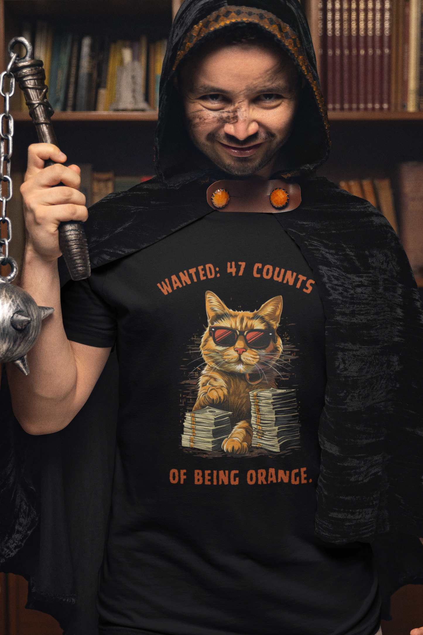 Cat With Sunglasses T‑Shirt - “Wanted: 47 Counts of Being Orange” Cat Graphic Tee